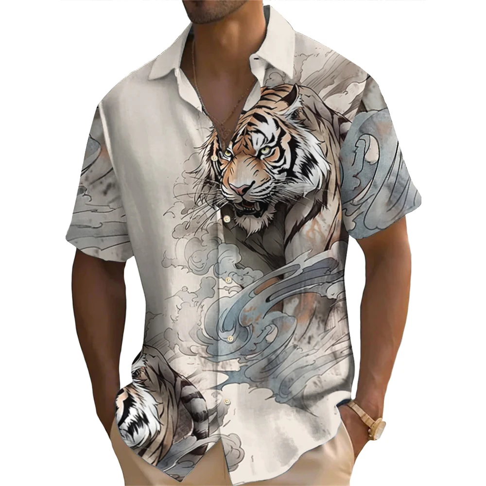 Summer Fashion Men\'s Short Sleeve Shirt Vintage Animal Tiger Print Street Casual Daily Oversized Men\'s Shirts Oversized Tops