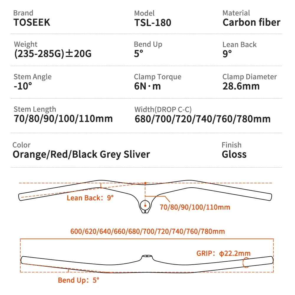 TOSEEK-Carbon Integrated Handlebar for Mountain Bike, MTB Handlebars and Stem, 10Degree, 260g Width 780-70mm, 80mm, 90mm, 100mm,