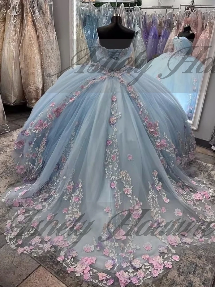 Maßgeschneiderte elegante hellblaue Quinceanera-Kleider für 15- bis 16-jährige Mädchen, Blumenapplikation, bauschiger Rock, Damen-Abschlussball-Partykleid 2025