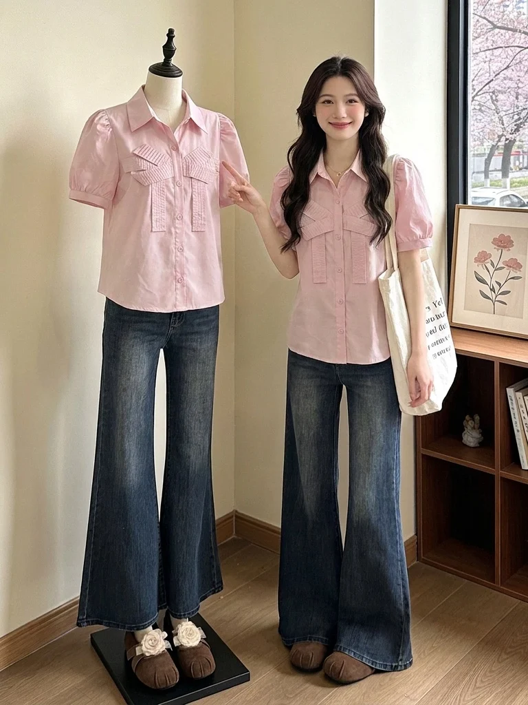 

Pink Bow Tie Shoulder Short Sleeve Shirt Women's Summer New Large Size Fat MM Anti Aging Small Shirt Super Beautiful Top