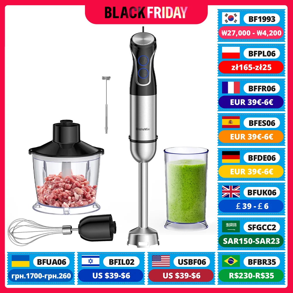 BioloMix 5 in 1 Immersion Hand Blender,1500W Blender with 304 Stainless Steel Blade,Food Processor,Smoothies Puree Baby Food