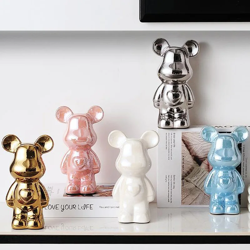 

18/28CM Electroplating Ceramic Bear Doll Ornament Living Room Decoration Desktop Piggy Bank Office Book Shelf Cabinet Craft