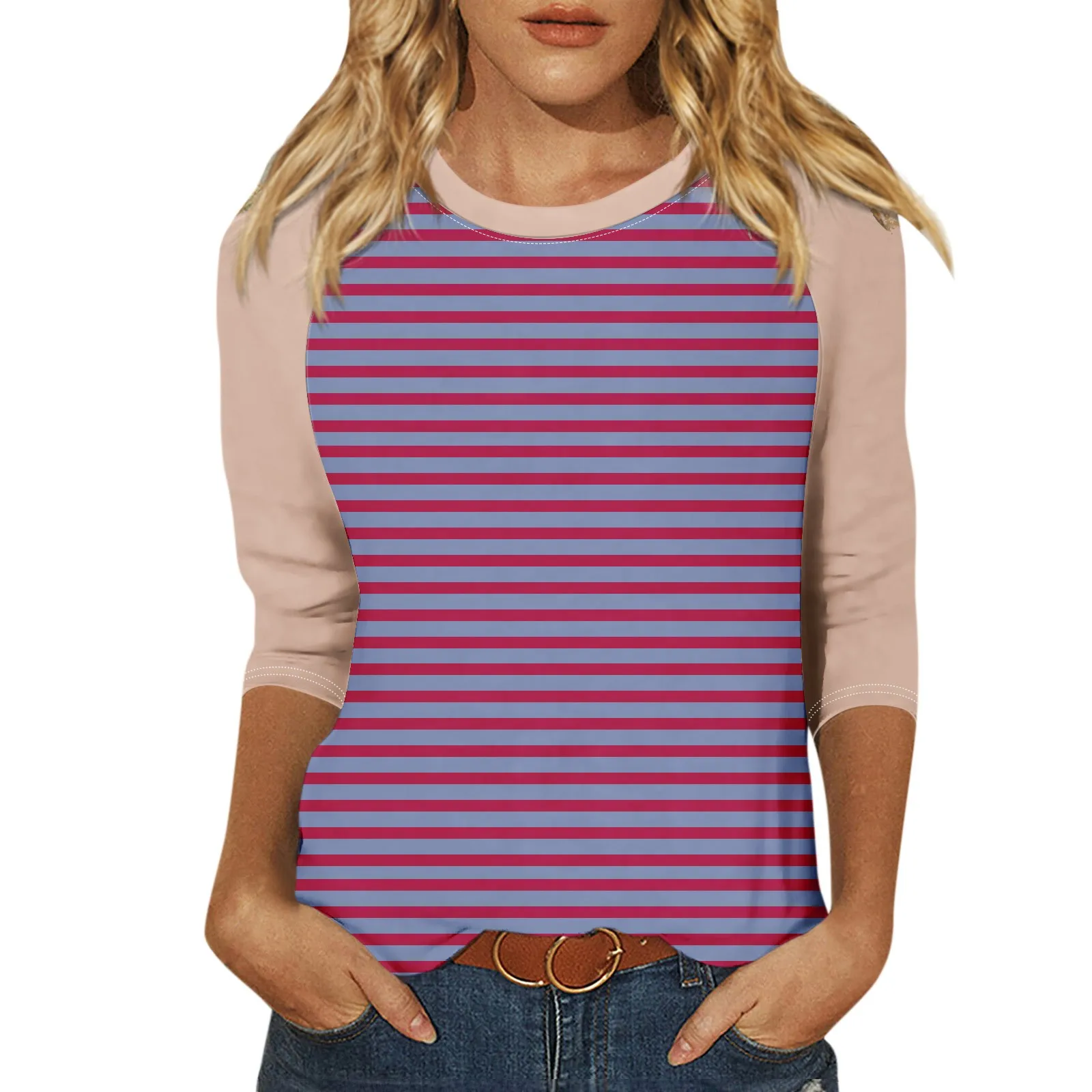 تي شيرت نسائي كاجوال بأكمام رجلان ، رقبة مستديرة ، توبات بأكمام ، ربط مخطط فضفاض ، أساسي يومي ، موضة جديدة