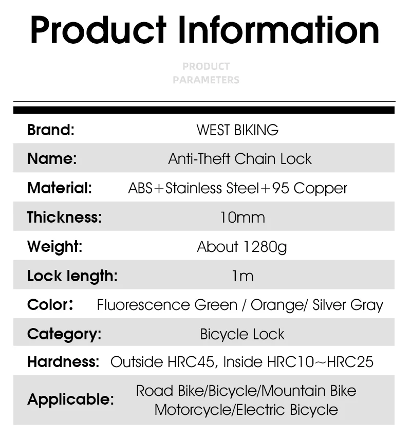 WEST BIKING Bicycle Lock MTB Road Bike Heavy Duty Safety Anti-Theft Chain Lock for Motorcycle Lengthen Thicken Chain Anti-Rust