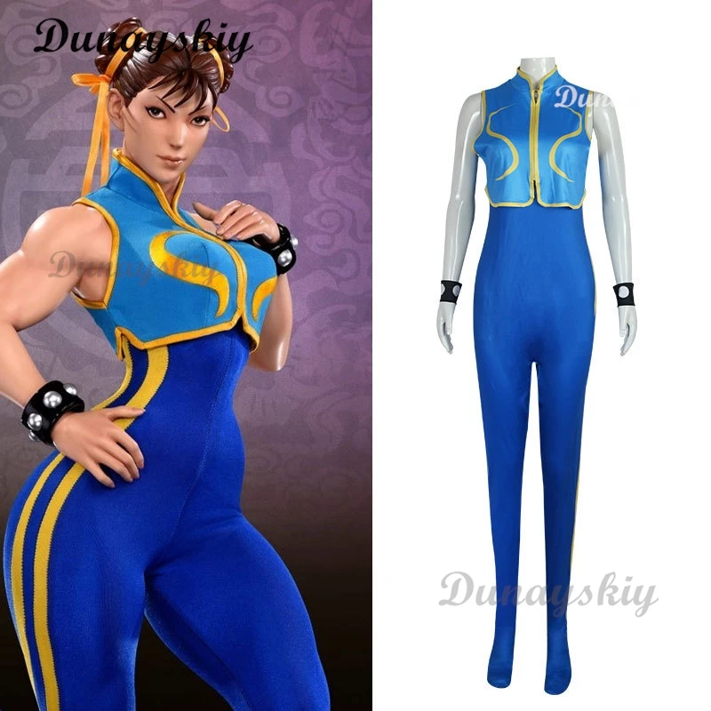 Game Chun Li Cosplay Costume Wig Blue ChunLi Superhero Jumpsuit Woman Girls Carnival Party Dress Bodysuit Zentai Suit Customized