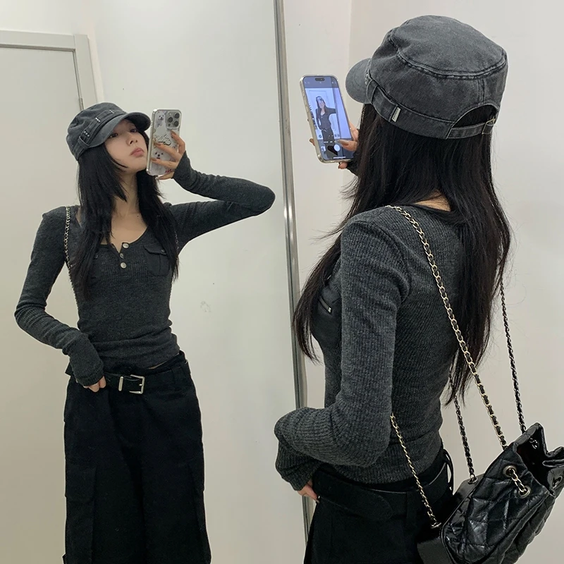 Tonngirls Harajuku Vintage T Shirt Frauen Langarm Dünne Y2k Amerikanischen Retro 90s Crop Tops Streetwear Basci T Tops herbst – Detail 17