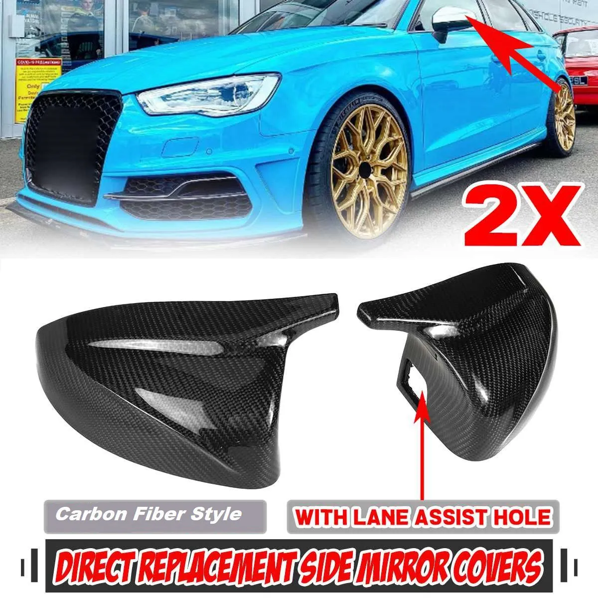 2X Carbon Fiber Style Car Side Rear View Mirror Cover Direct Replace Cap for-Audi A3 8V S3 RS3 2014-2020 W/ Lane Assist