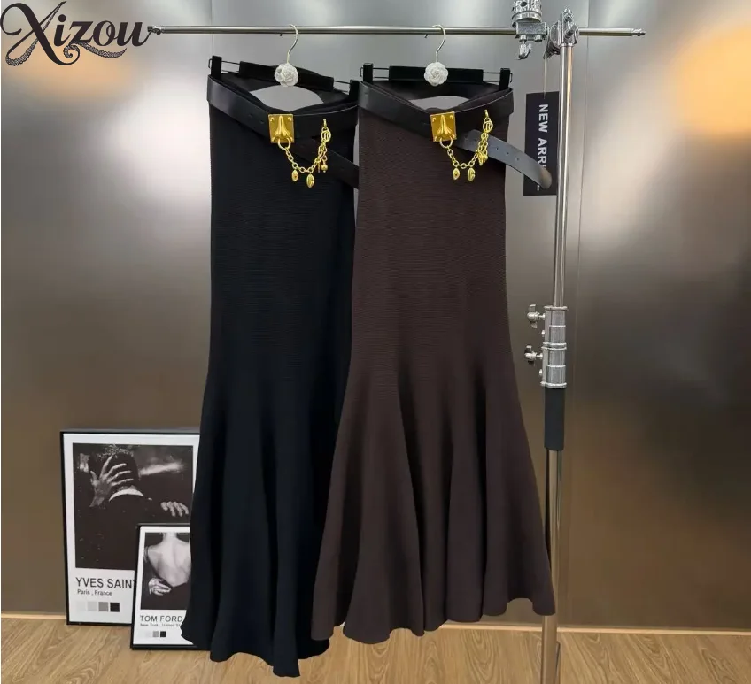 Damenröcke für Winter und Herbst mit Ketten- und Gürtelverzierung, High-Street-Style, Gestrickter Fishtail-Maxirock mit Gürtel