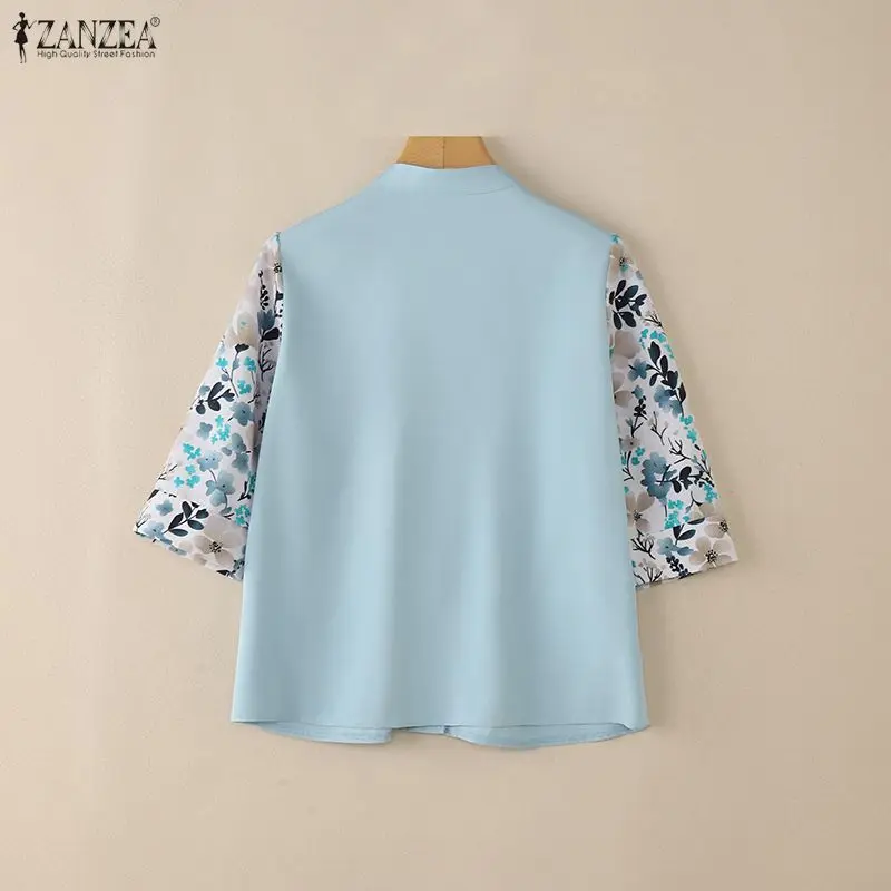 ZANZEA Camicie eleganti con maniche a 3/4 stampate floreali Moda donna Colletto alla coreana Button Up Pintuck Patchwork Camicette Primavera Donna Top