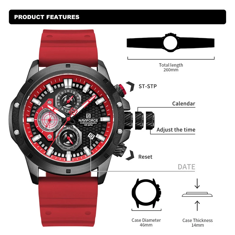 NAVIFORCE Men Watches Casual Waterproof Quartz Wristwatch Comfortable Silicone Strap Man Luminous Chronograph Clock Reloj Hombre