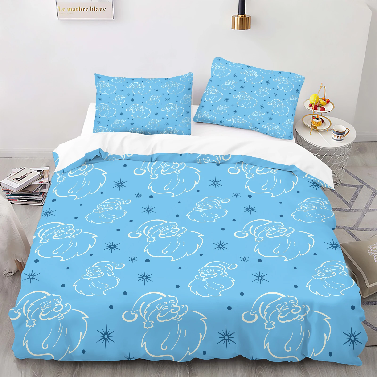 2/3Pcs Minimalist Blue Santa Duvet Cover Set, White Line Art & Star Print, Modern Holiday Bedding, No Duvet Insert