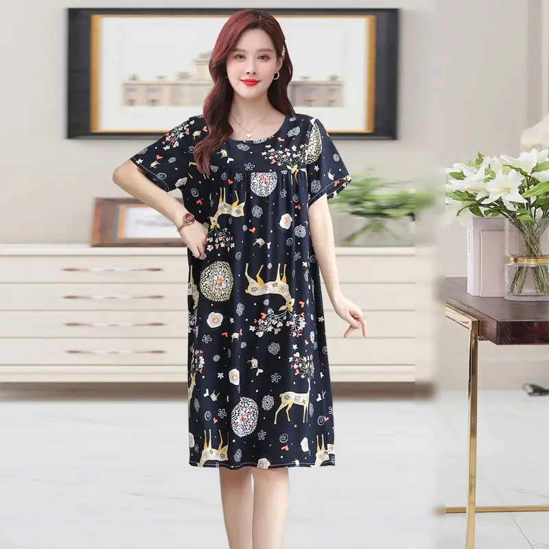 Middle-Aged and Elderly New Cotton Silk Nightgown Homewear Women\'s Summer Pajamas Dress Large Size Pajamas Homewear Mom Clothing