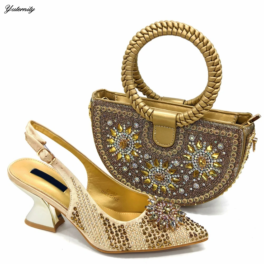 Hot Sale Rhinestone Women Sandals Shoes And Handbag Set For Party Dress Fashion Elegant Square Heels Matching Shoes And Bag Set