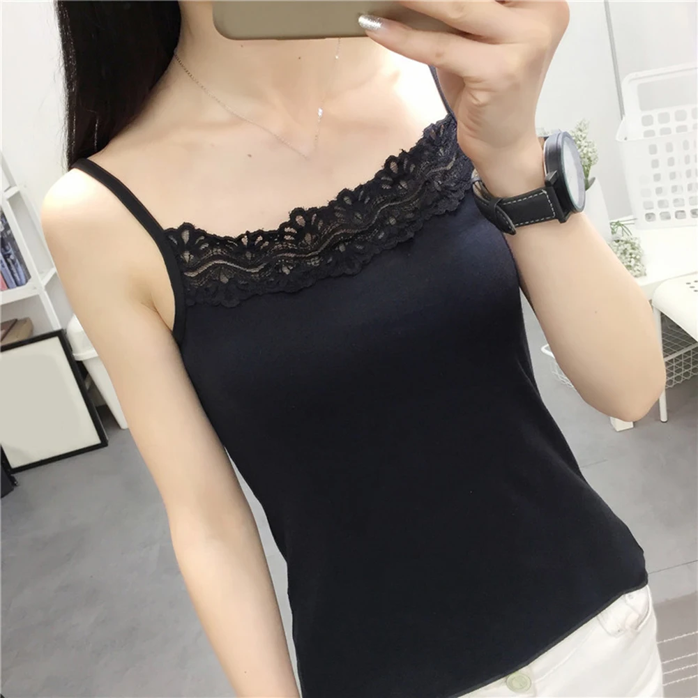 Women Tank Top Lace Neck Slim Fit Sleeveless Pullover Casual Wear Solid Color Sexy Vest T-shirt For Spring Summer