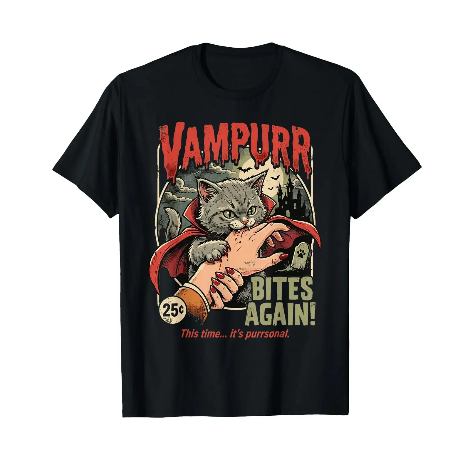 Vampurr Bites Again Funny Cat Halloween Vintage T Shirt vintage Washed graphic Comfortable streetwear Breathable Casual