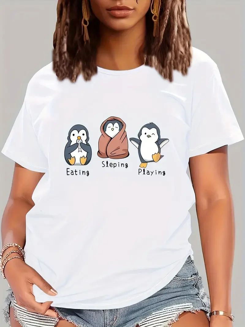 Cute Little Penguin Printed T-shirt Women's Fashion Graphic T-shirt Women's T-shirt Short sleeved Round Neck Women's Y2K Top