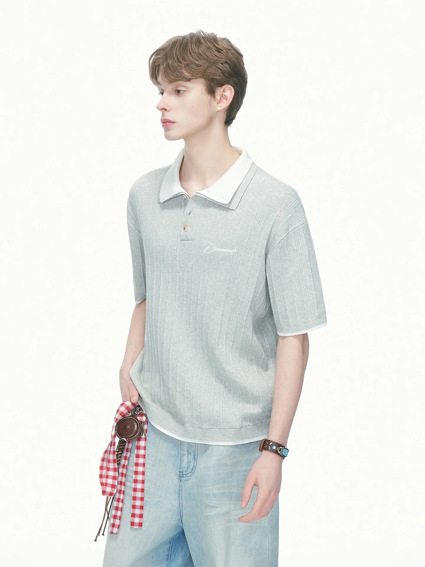 Dream Made Knitted Half Sleeve  Shirt Men's Summer Lightweight Luxury Couple T-Shirt Double Layer Collar Fake Two-Piece