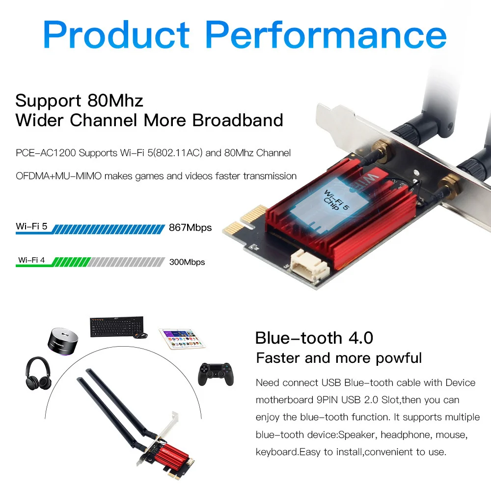 WiFi 5 AC1200 PCIE WiFi Wireless Network Adapter For Bluetooth 5.1 Tri-Band 2.4G/5G 1200Mbps  Wireless Network Adapter Win10/11/