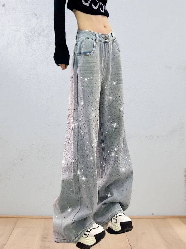 

Весенние джинсы с высокой талией, блестящие, прямого кроя, широкие штанины, повседневные, с множеством карманов, синие, женские, модные