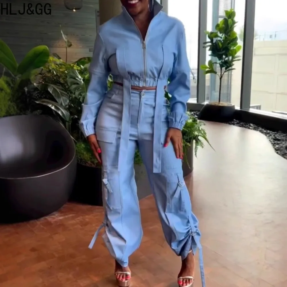 

HLJ&GG Blue Spring New Pocket Cargo Pants Two Piece Sets Women Zip Long Sleeve Crop Top And Pants Tracksuits Casual 2pcs Outfits