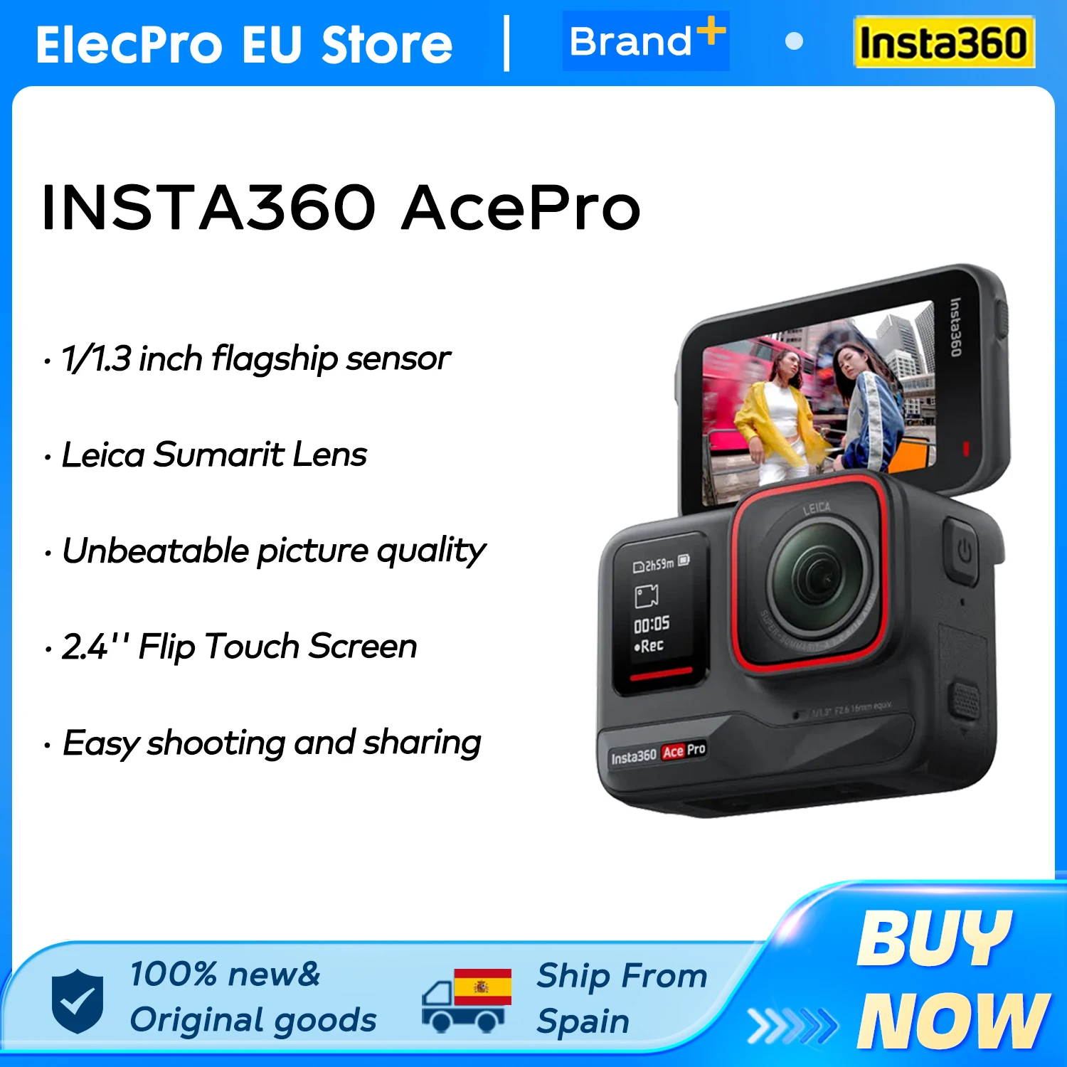 Insta360 Ace Pro Videocamera d'Azione Impermeabile con Sensore Leica 1/1.3", Riduzione del Rumore AI per Immagini Migliori, 4K120fps Originale