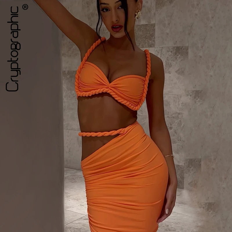 

Cryptographic Fashion Ruched Bandage Sexy 2 Piece Sets Club Backless Decorative Cord Top and Skirt Dress Sets Summer Vacation
