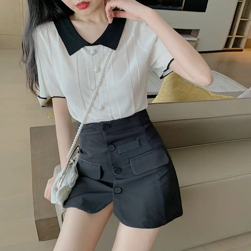 Women Summer Preppy Style Fashion Knitting Solid Color Polo-Neck Short Sleeve T-Shirt Women Clothes Casual All-match Sweet Tops