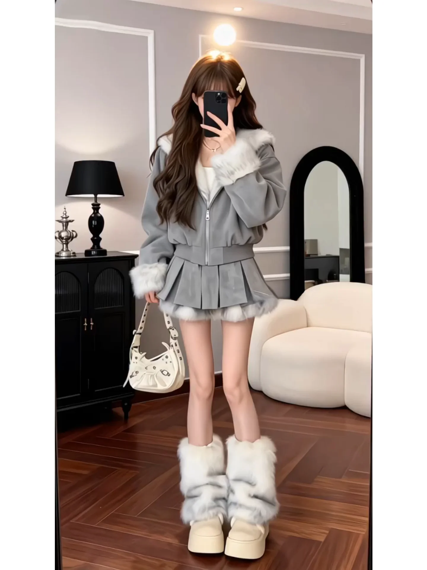 

Корейская милая антивозрастная высококачественная пушистая двусторонняя юбка с капюшоном для девочек, комплект с длинной застежкой на пуговицы, полиэстер