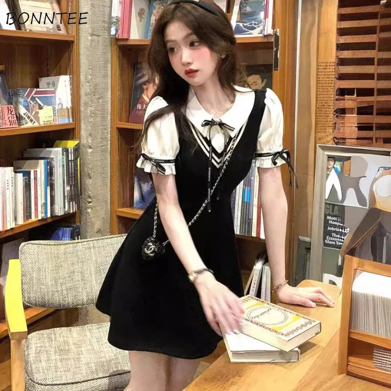 Dresses Women Fake 2pcs Turn-down Collar Defined Waist Korean Fashion Bow Ins Preppy Style Mini Vestidos Summer Harajuku Sweet