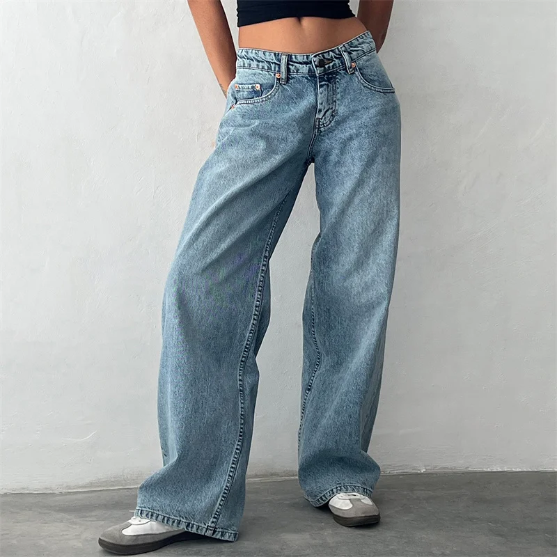 Lamuusaa Jeans y2k Clothes Women Solid Color Low Waist Waist Wide Leg Denim Pants Trousers with Multi Pockets 2000s Streetwear