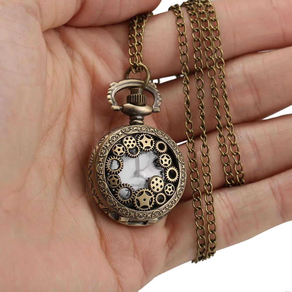 

Карманные часы, 1 шт., мужские и женские бронзовые кварцевые карманные часы, резной корпус с полой шестерней и цепочкой