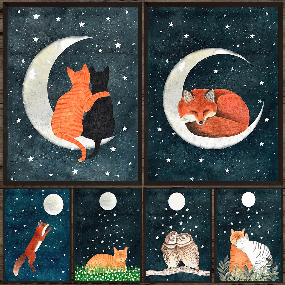 

Barn Owl,Tiger,Swan,Fox And Night Sky Painting Art Poster Print,Woodland Wildlife Wall Art Canvas Paitning,Animals Lover Gift