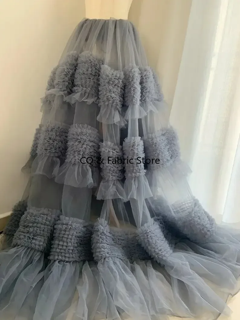 Tela de vestido de pastel de malla suave gris-azul, Material plisado de tul para vestido de pastel y vestido de fiesta hinchado, tela de diseñador