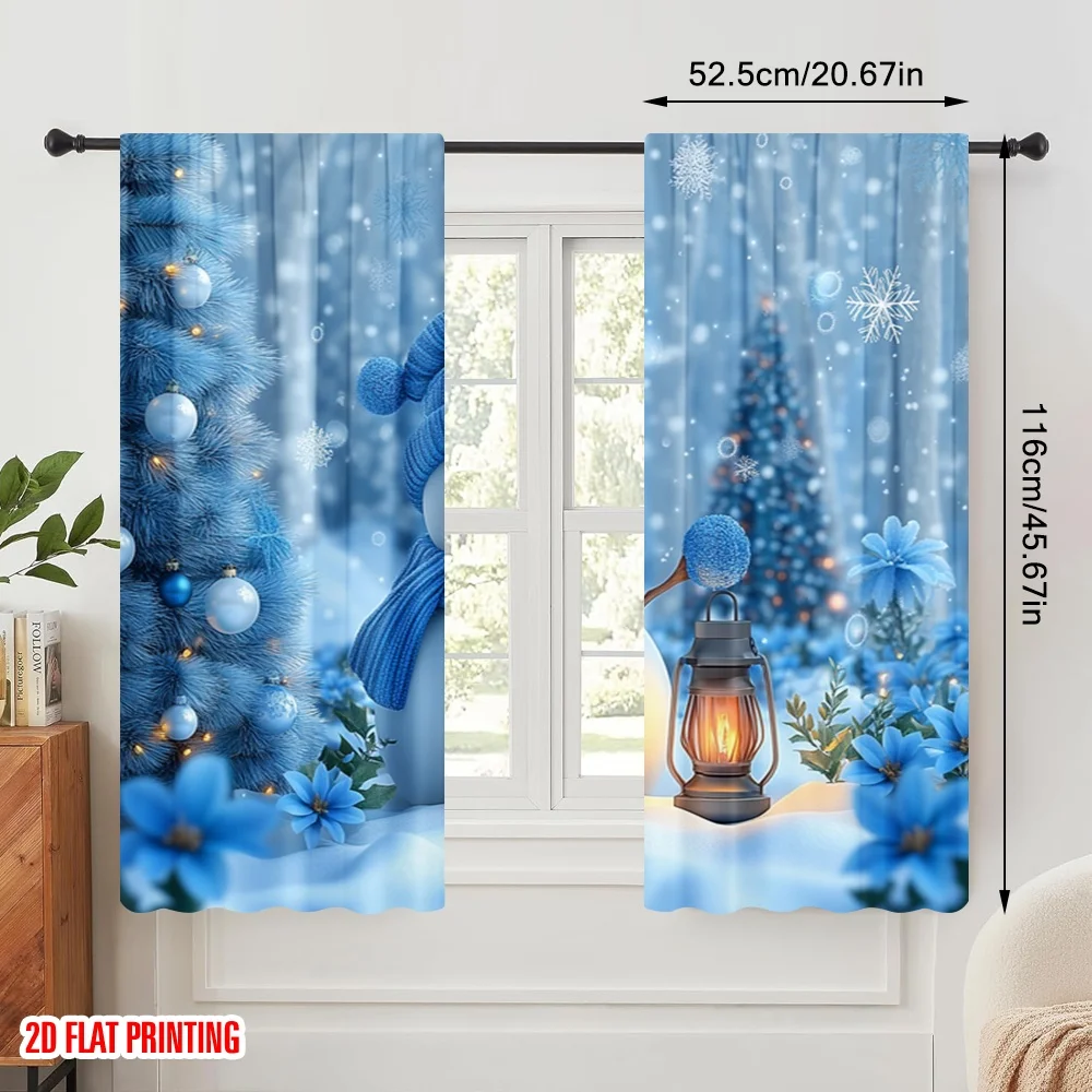 2pcs,2D plane printing Curtain Popular Cute Snowman Blue Christmas Trees Versatile Polyester Fabric (without rod) Festive