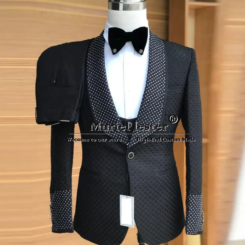 Elegance Men's Slim Fit Suits Handmade White Pearls Shawl Laepl Jacquard Jacket Vest Pants 3 Piece Formal Party Groom Tuxedos