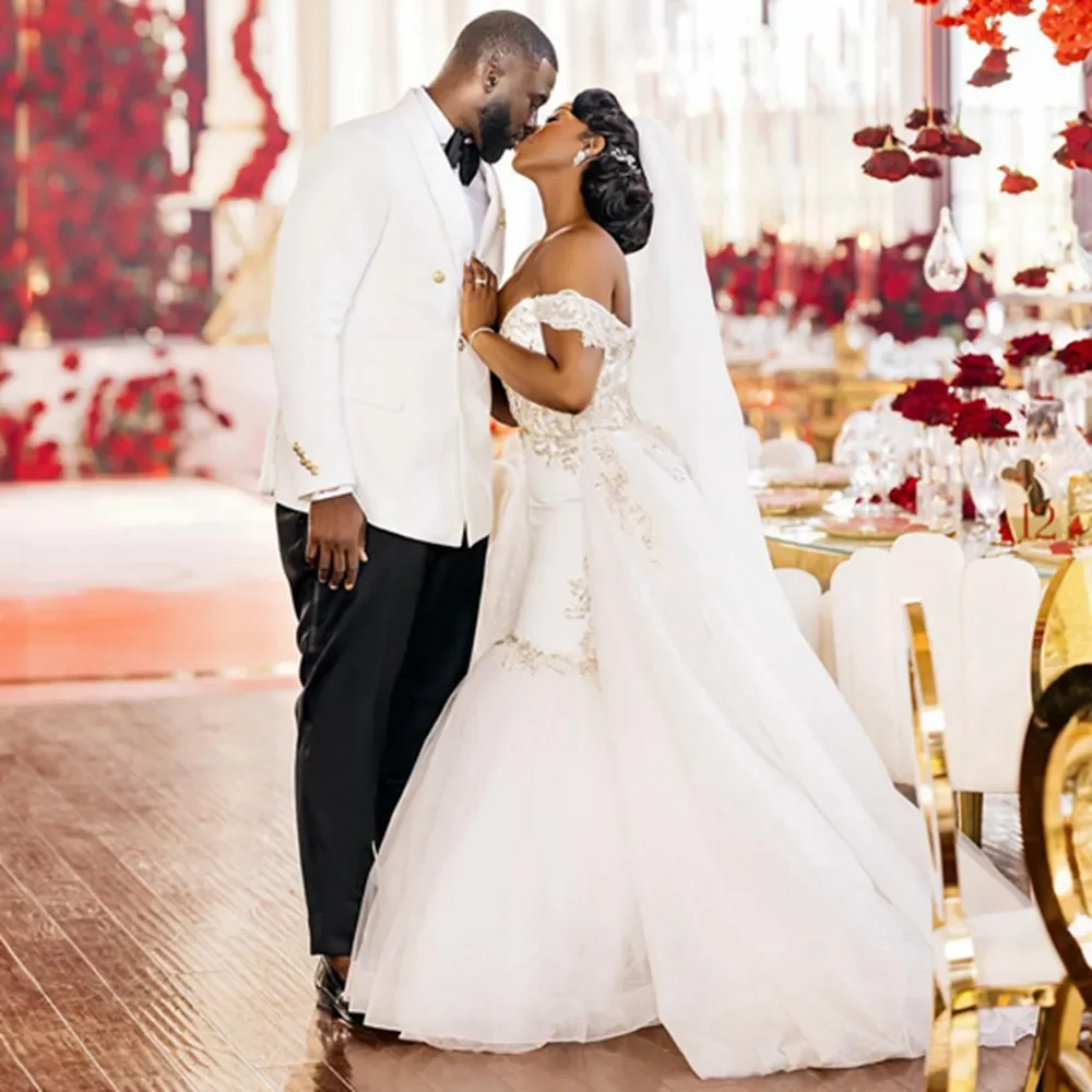 

Elegant African Ivory Mermaid Wedding Dress With Detachable Train Off Shoulder Plus Size Bridal Gowns Champagne Lace Customized