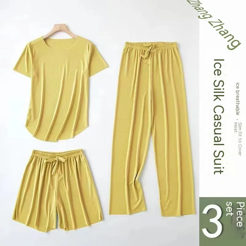 Summer Ladies Ice Silk Pajamas Three-Piece Set of Female Spring and Summer New Loose Set of Female Casual Short-Sleeved Homewear