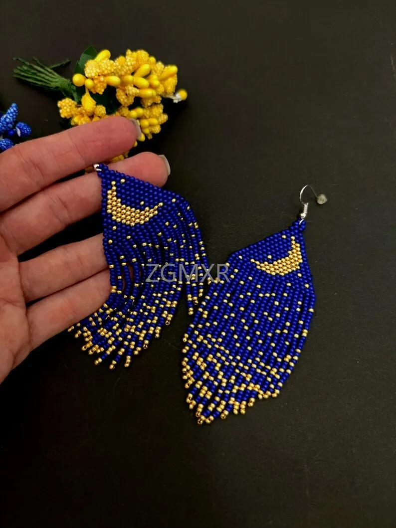 

ZGMXR Rice bead earrings Tassel Starry sky Moon Bohemia Original Hand-woven Geometry Alloy Female Fashion Simple Beaded earrings