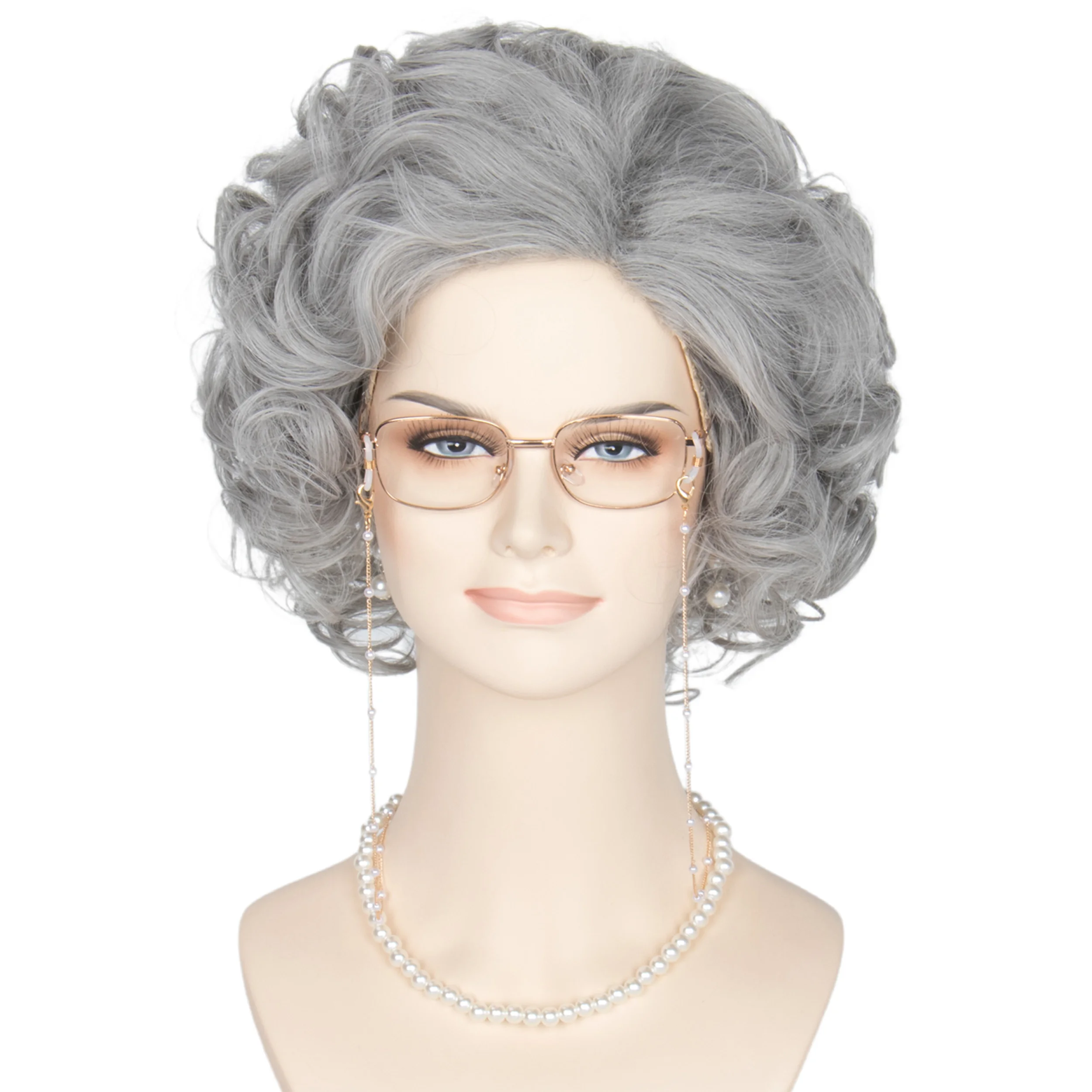 Miss U Hair Old Lady Wig Women100 Days of School  5pcs Set - Granny Glasses Pearl Necklace Earrings Grandmother Glass Chain