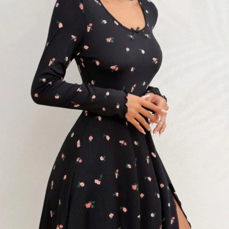 

Summer Black And White New Fashionable Dress Casual Floral Long Sleeve Irregular U-neck Butterfly Sexy Charming Clothing