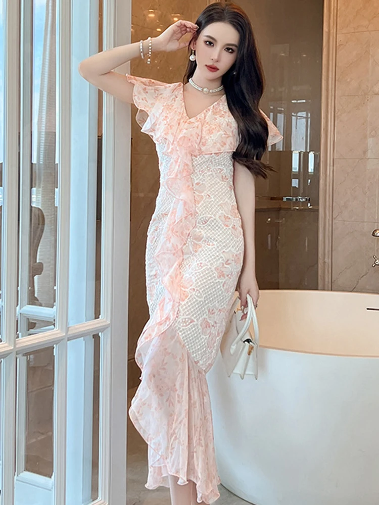 Sweet Gentle Long Dress for Women Elegant Lace Flower Ruffles Sleeve Bodycon Fishitail Robe Party Holiday Vestidos Maxi Clothes
