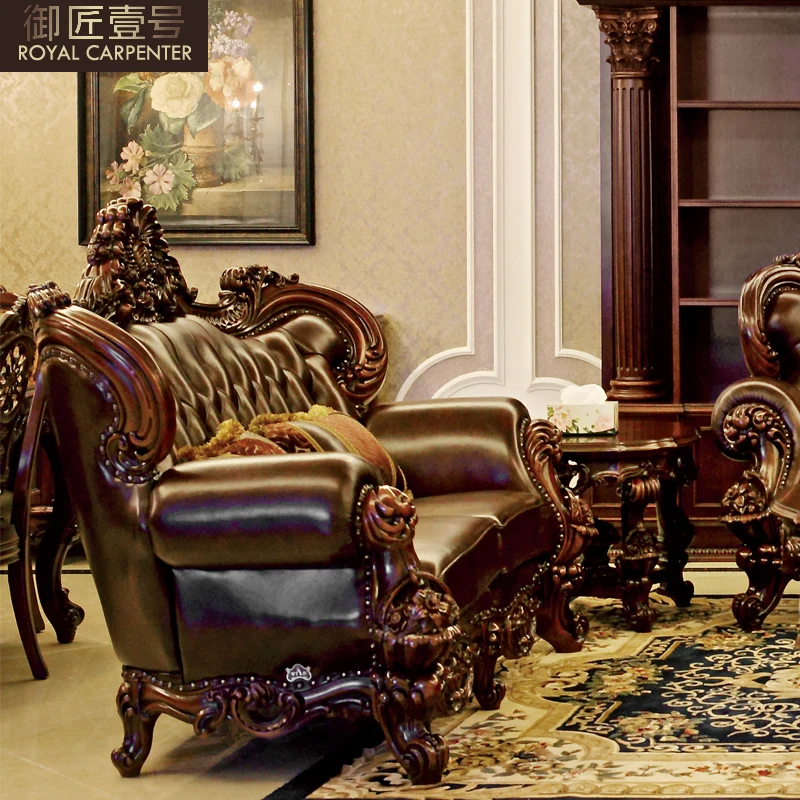 Classical American leather sofa combined with large European court all solid wood luxury living room