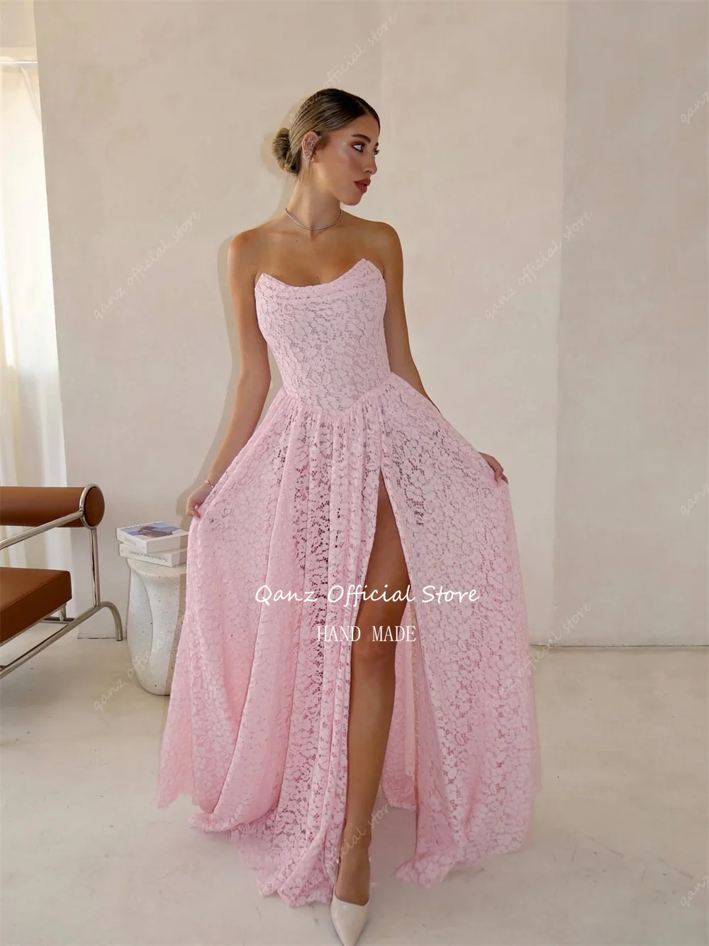 Qanz Exquisite Lace Appliques Prom Dresses Long A Line Pink High Side Slit Formal Dresses Evening Party Gown Woman Customized image 4