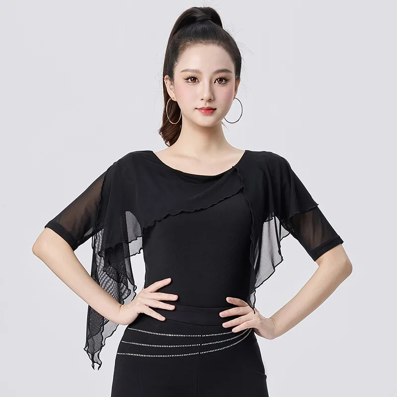 Women Irregular Flowy Mesh Mid Sleeve Latin Dance Top Ballroom Standard Competition Practice Costume performance accessories