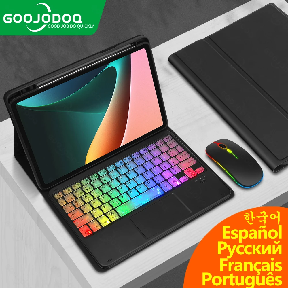 Capa de Teclado com Slot para Caneta para Xiaomi Mi Pad 5 Pro, Português, Russo, Rainbow, Capa de Teclado Bluetooth, 2021