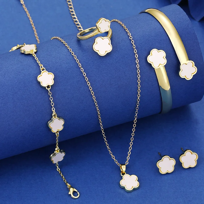 5PCS Five Leaf Flower Jewelry Set Bracelet Necklace Earrings Ring Bangle Classic for Woman Girl Party Brand Jewelry Gift Clover