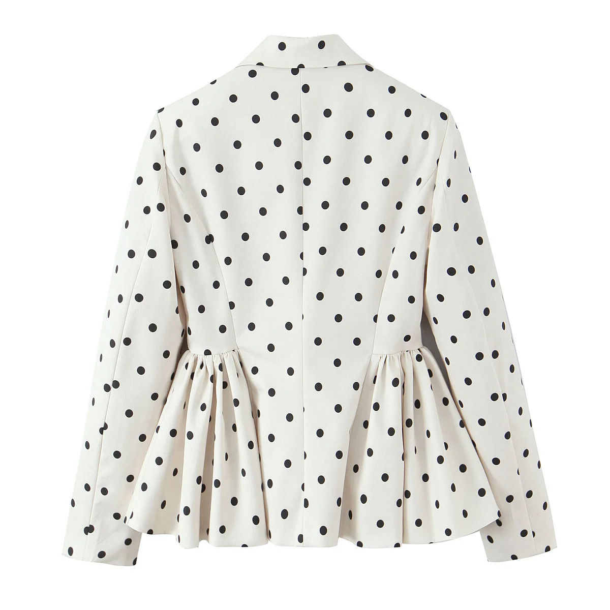 Cream Black Polka Dot Blazer Notched Lapel Two Button Long Sleeve Ruffle Peplum Hem Slim Waist Casual Fashion Suit Jacket 260602