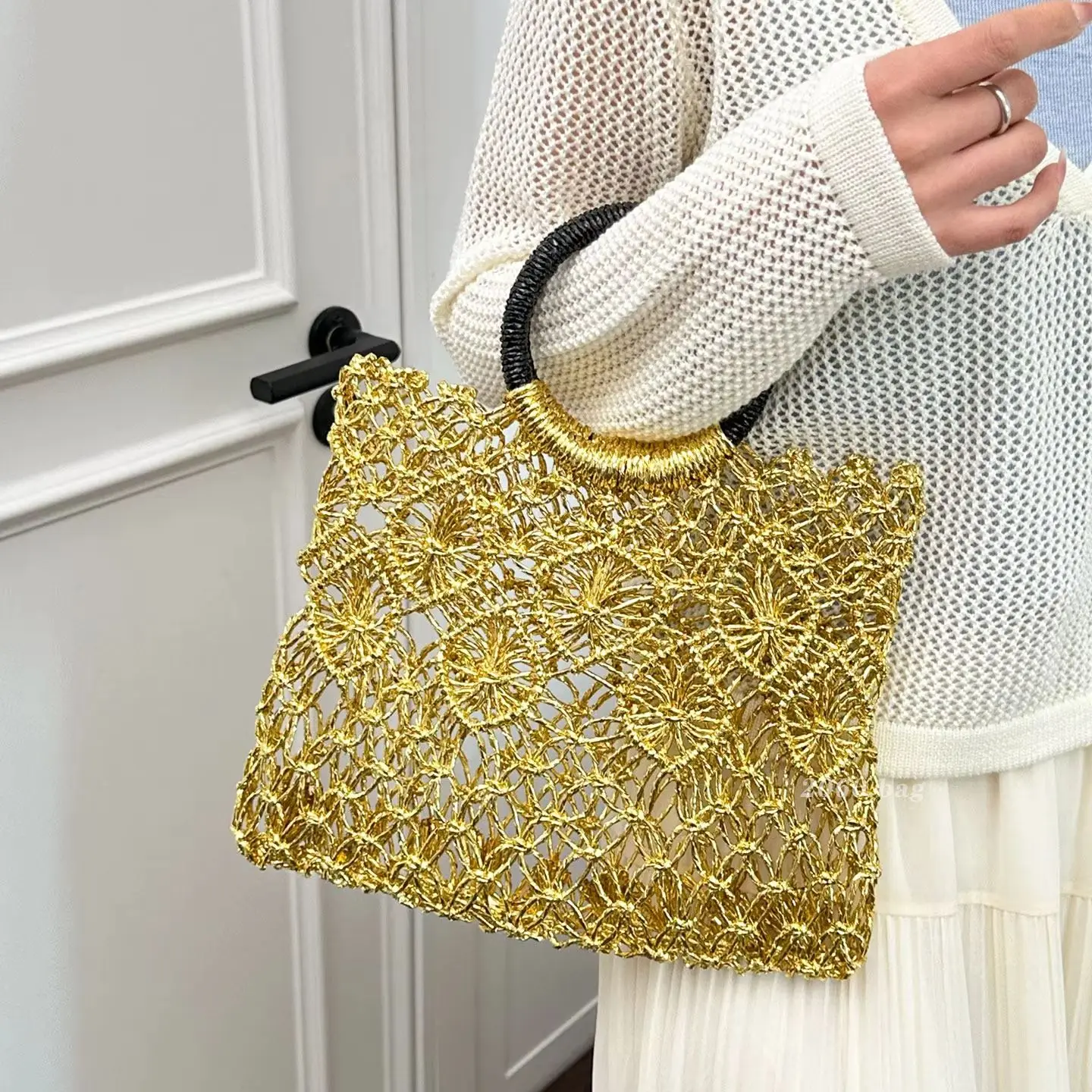 Bright Gold Hollow Woven Bag French Style Light Luxury Metallic Mesh Handbag Vacation Tote Bag Women's Small Square Bag New