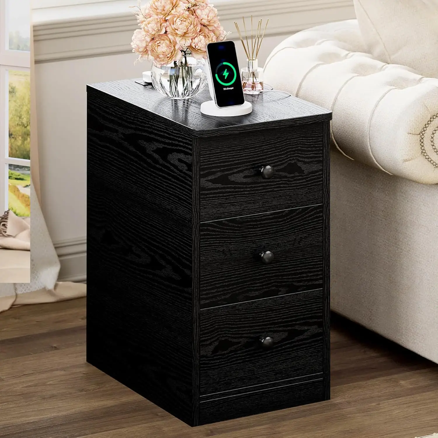 

LIKIMIO Nightstand with Charging Station, Narrow Bedside Table with 3 Drawers, Table with USB Ports & Outlets for Living Room