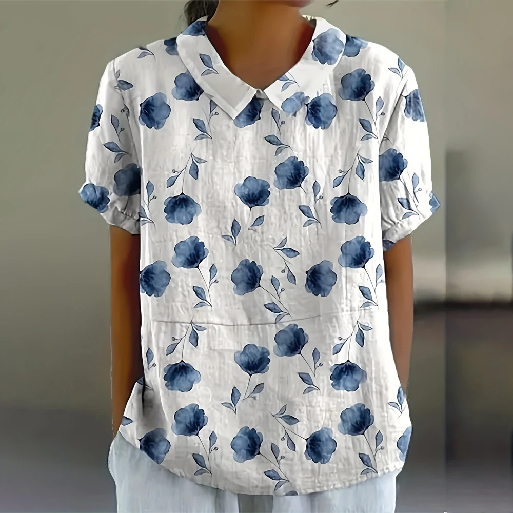Woman Blouses Retro Floral Pattern Print T-Shirt Summer Fashion Outdoor Lapel Short Sleeve Tops Women Pulovers Blouse Clothing